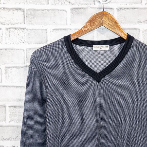 MELINDA GLOSS Paris Men's Vneck Pullover Sweater in blue knitt size Large - Picture 5 of 7